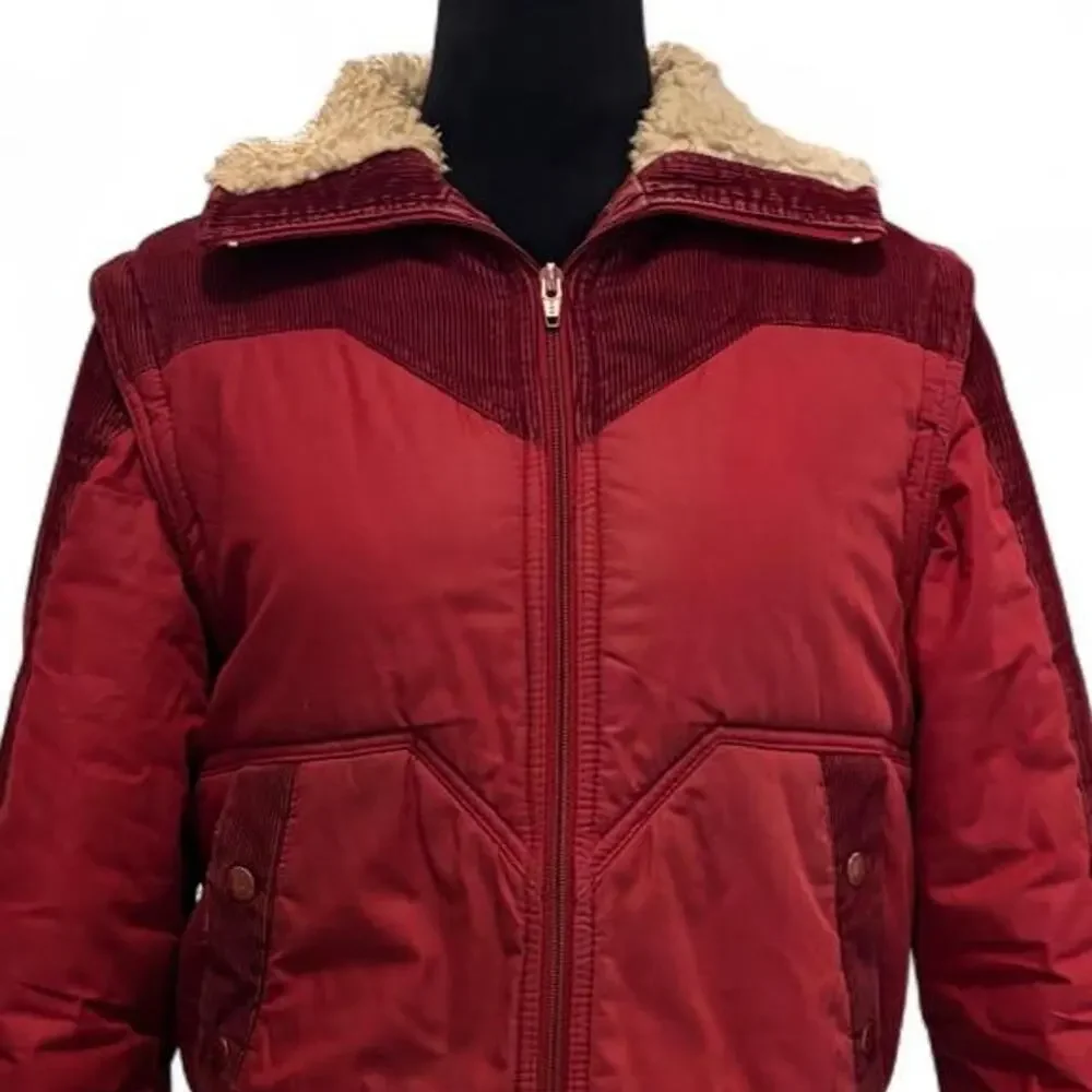 Vintage 60s/70s Burgundy Convertible Puffer Vest Jacket Sherpa Collar